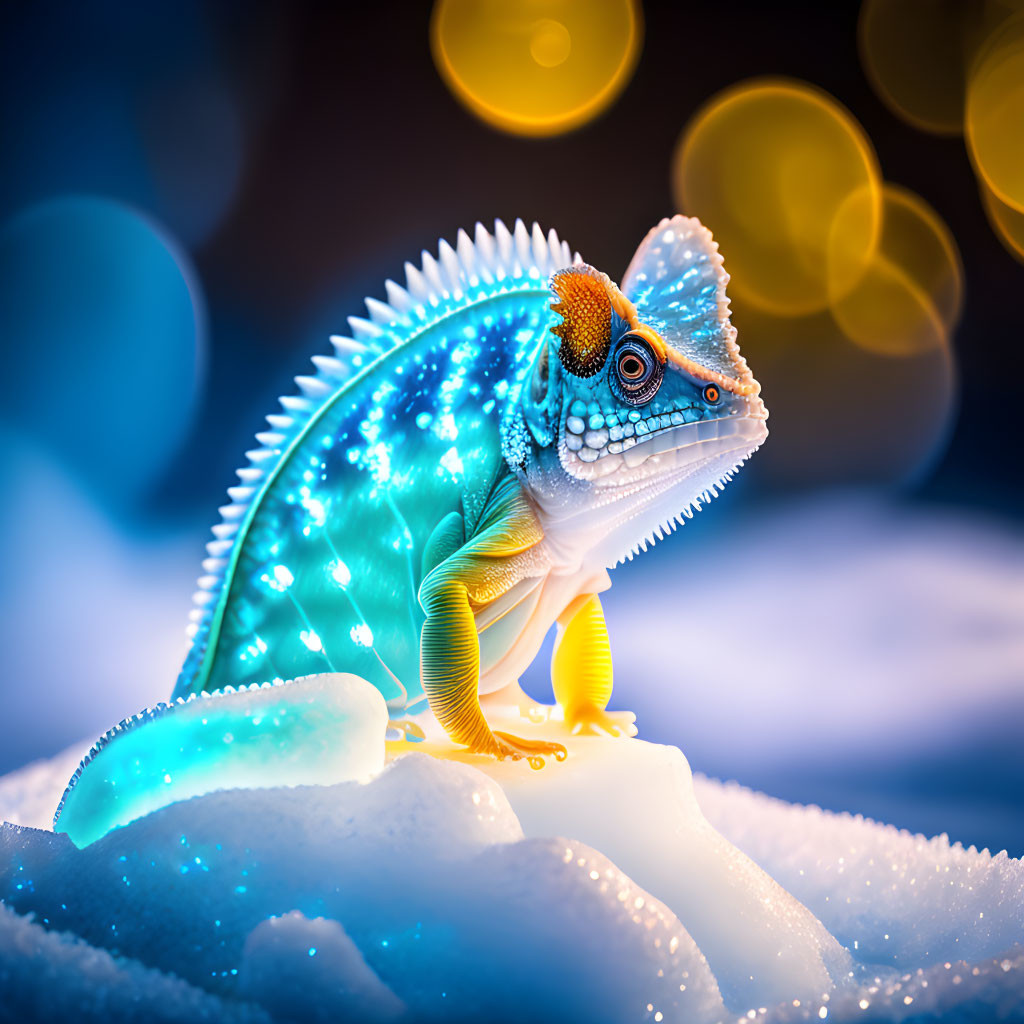 Vibrant digitally-enhanced lizard with glowing blue spine on snowy mound amid golden bokeh lights