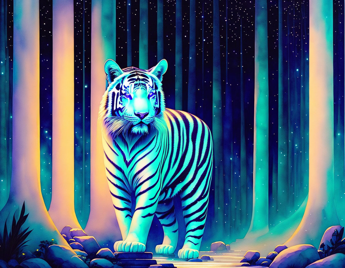 Colorful White Tiger in Mystical Forest with Glowing Stripes