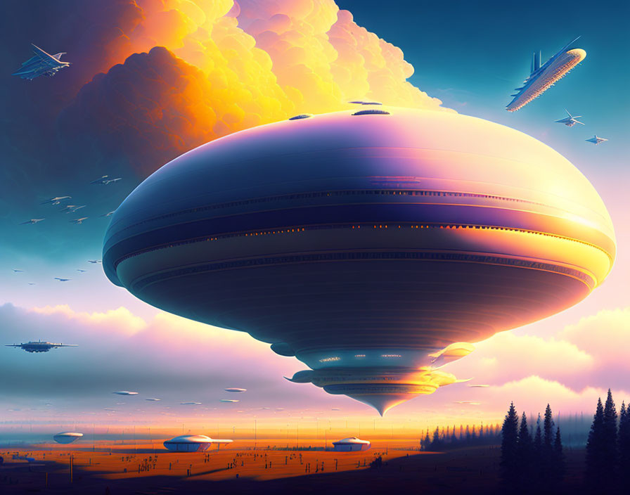 Futuristic landscape with airships, aircraft, orange cloudscape