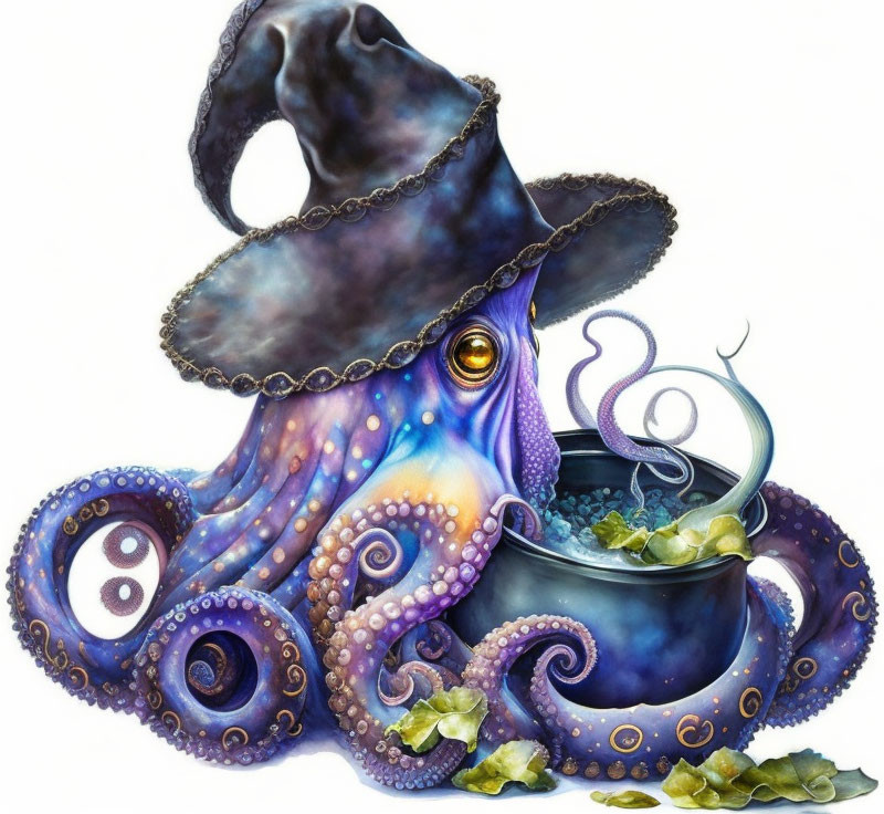 Vibrant Purple and Blue Wizard Octopus Stirring Cauldron with Green Leaves