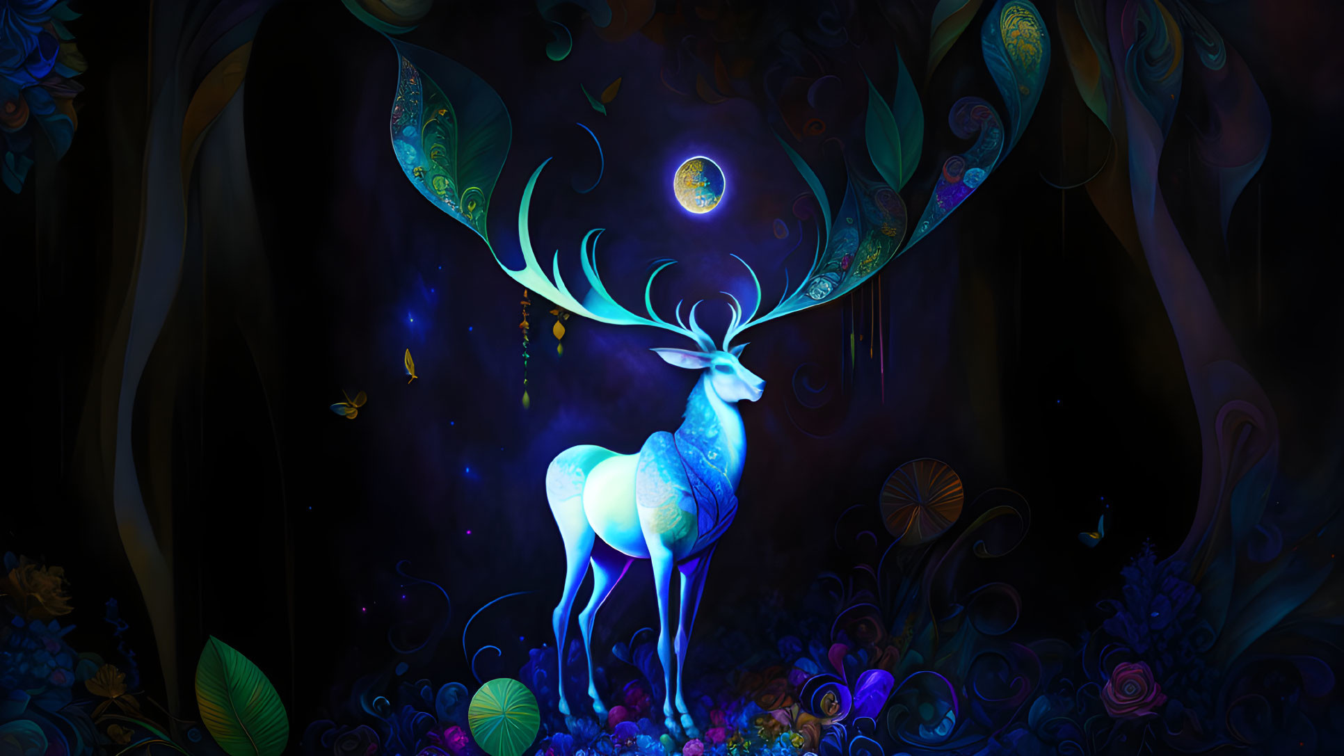 Mystical neon blue deer in enchanted forest with glowing antlers