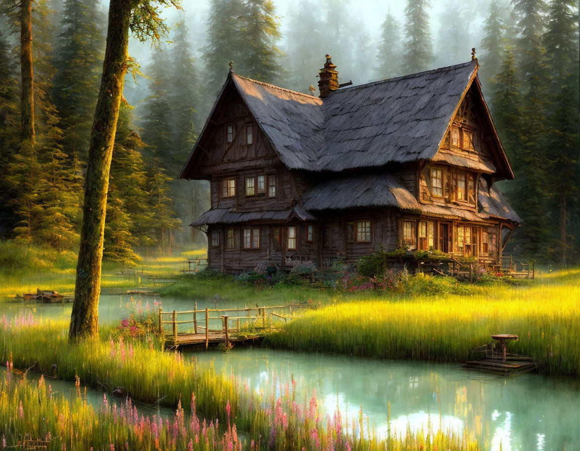 Thatched roof wooden cottage by tranquil pond in forest clearing