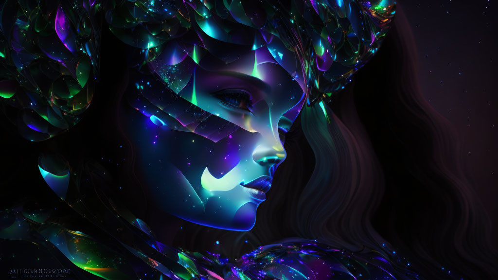 Digital Artwork: Woman with Cosmic Features and Leaf-Like Patterns