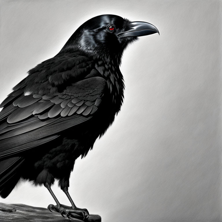 Close-up of black raven on branch with glossy feathers and red eye