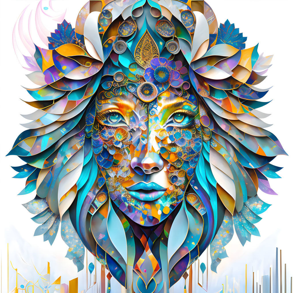 Colorful digital portrait of a woman with intricate patterns and feathers on abstract background