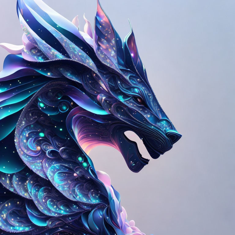 Iridescent Cosmic Dragon Artwork in Purple, Blue, and Pink