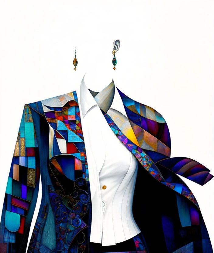 Colorful Abstract Figure in Patterned Suit with Earrings on White Background