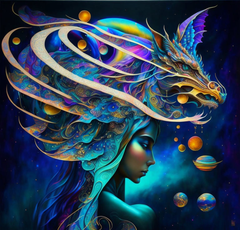 Vibrant fantasy artwork of a woman with a dragon in cosmic setting