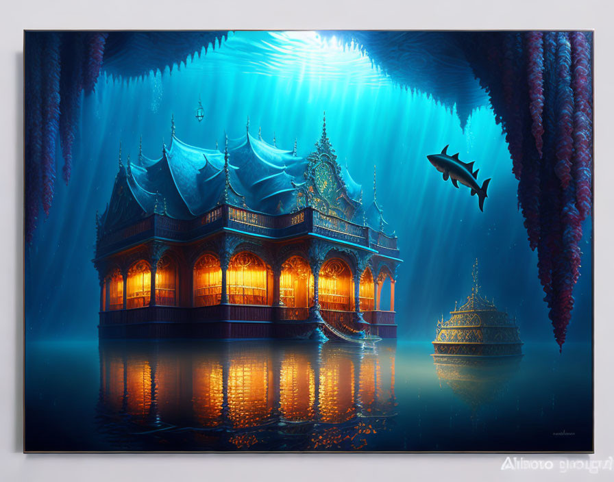 Ornate Thai-style pavilions in mystical underwater scene surrounded by fish
