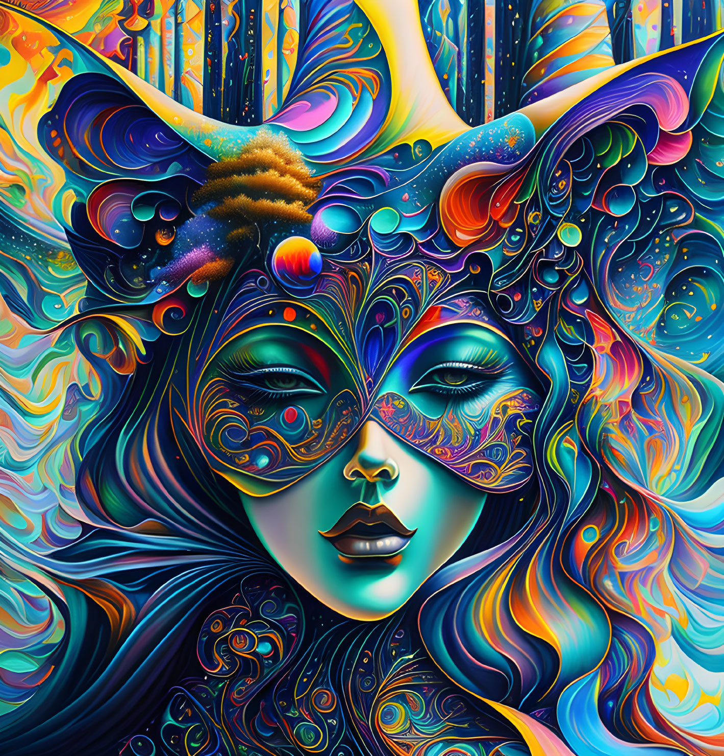 Vibrant psychedelic portrait of a woman with feline features