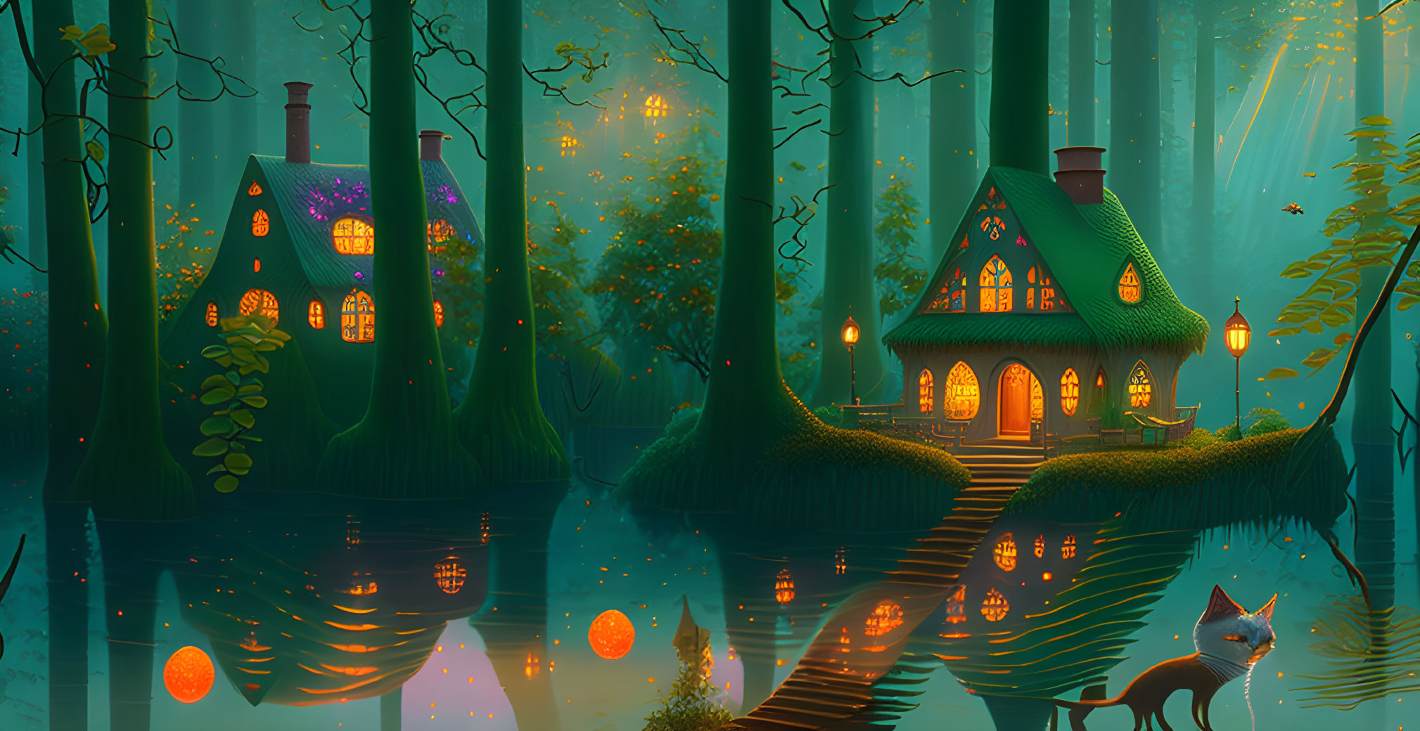 Mystical forest scene with cozy cottages, water reflections, fox, and fireflies