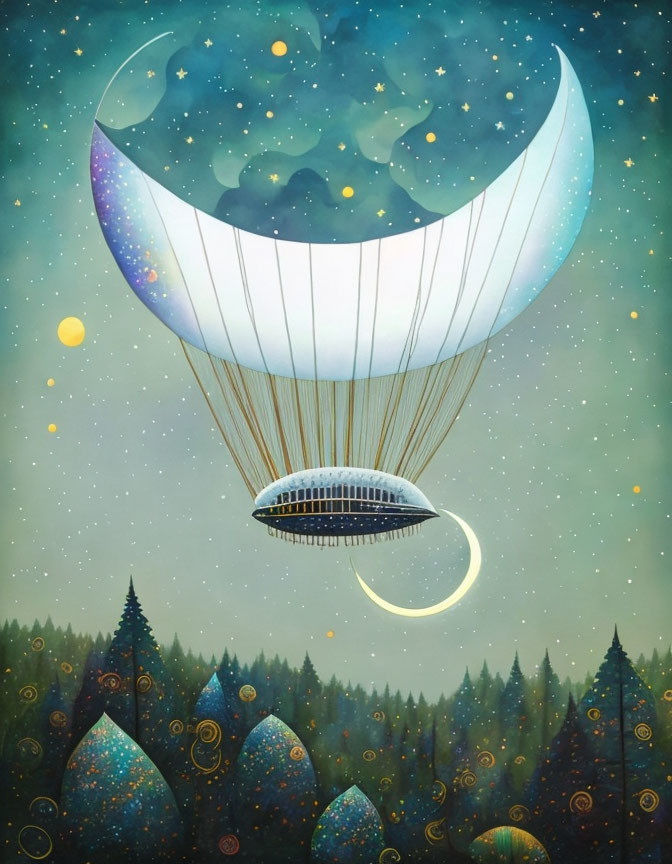 Whimsical crescent moon hot air balloon over starry forest