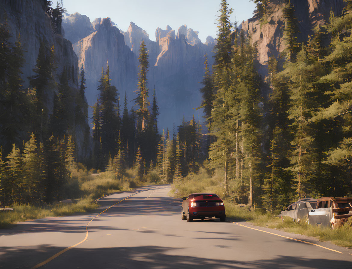 Red Car Driving on Forest-Lined Road with Towering Cliffs
