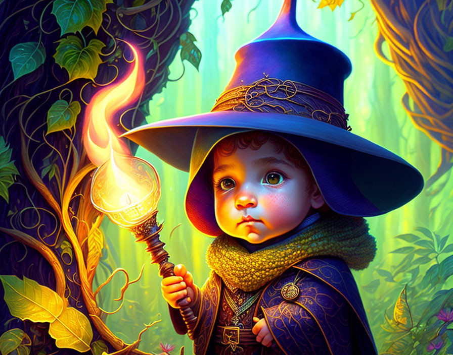 Child in oversized wizard hat with flaming staff in vibrant forest