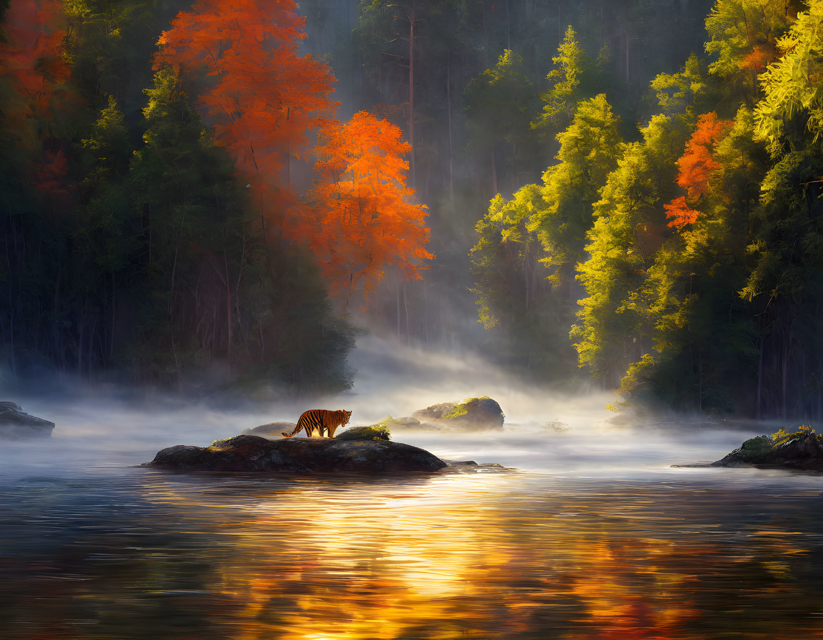 Tiger on Rock in Tranquil River with Autumn Forest Reflections