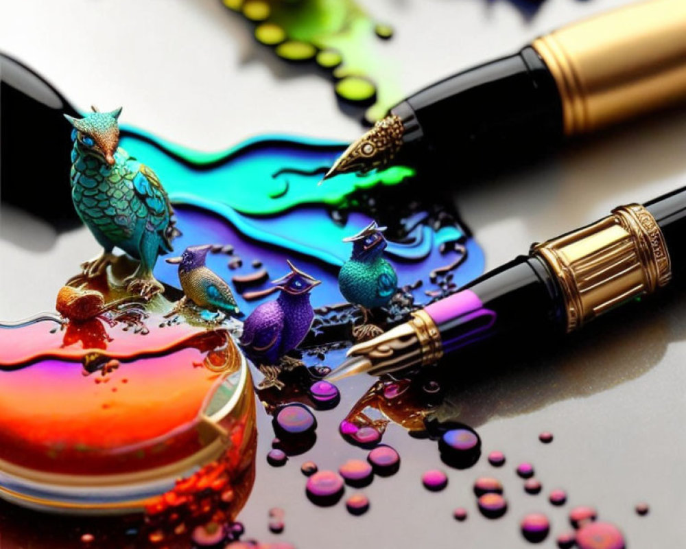Vibrant ink spills resembling birds near fountain pens on reflective surface