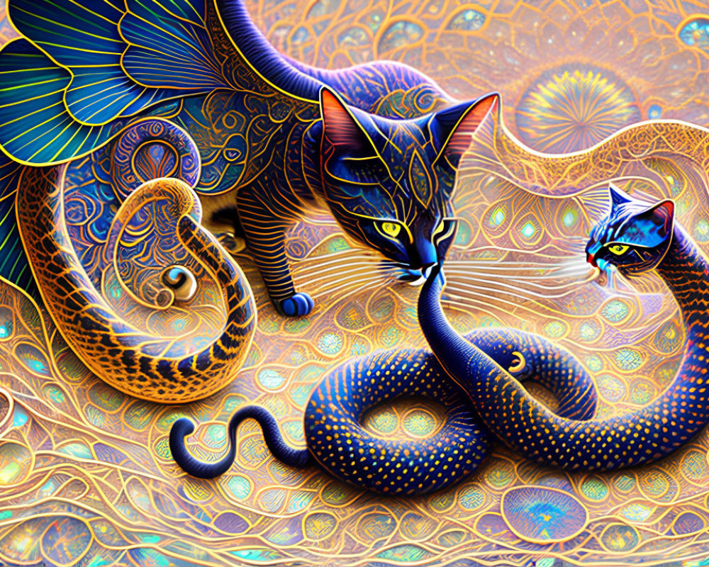 Colorful Digital Artwork: Two Stylized Cats on Psychedelic Background