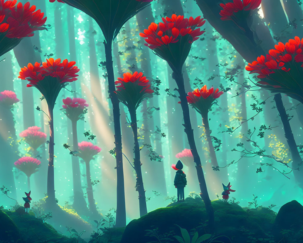 Majestic forest with towering trees and oversized red flowers in ethereal light