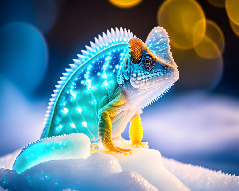 Vibrant digitally-enhanced lizard with glowing blue spine on snowy mound amid golden bokeh lights
