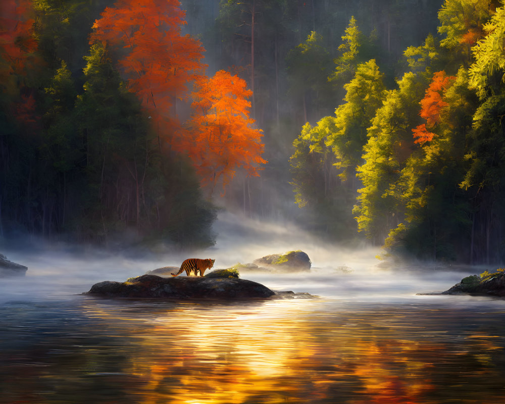 Tiger on Rock in Tranquil River with Autumn Forest Reflections