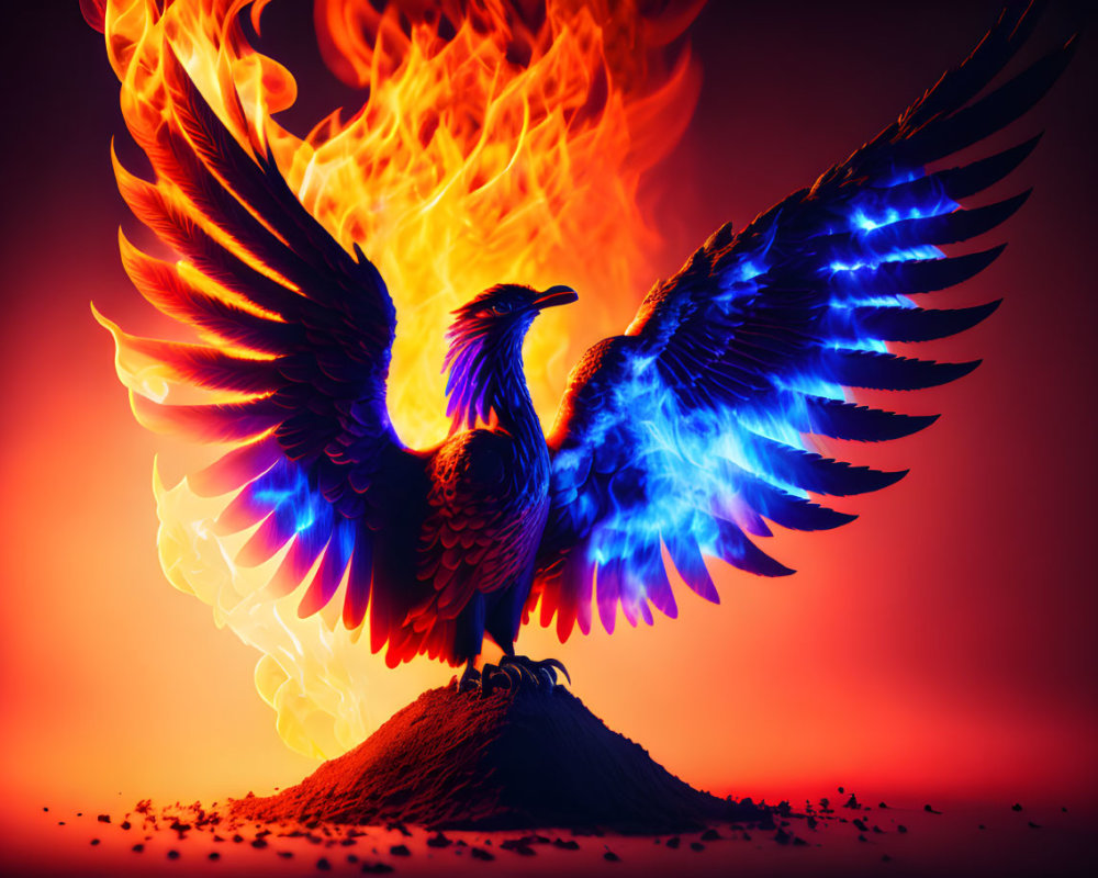 Majestic phoenix with fiery and icy wings against vibrant background