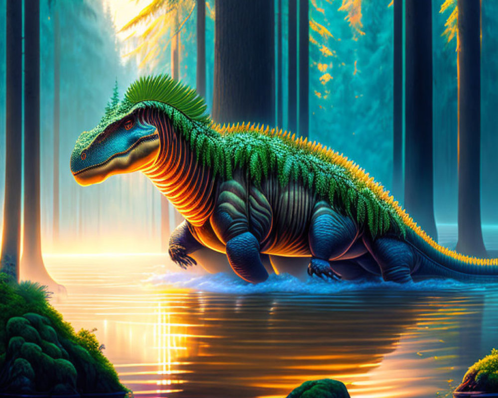 Colorful digital art of a green dinosaur in a mystical forest
