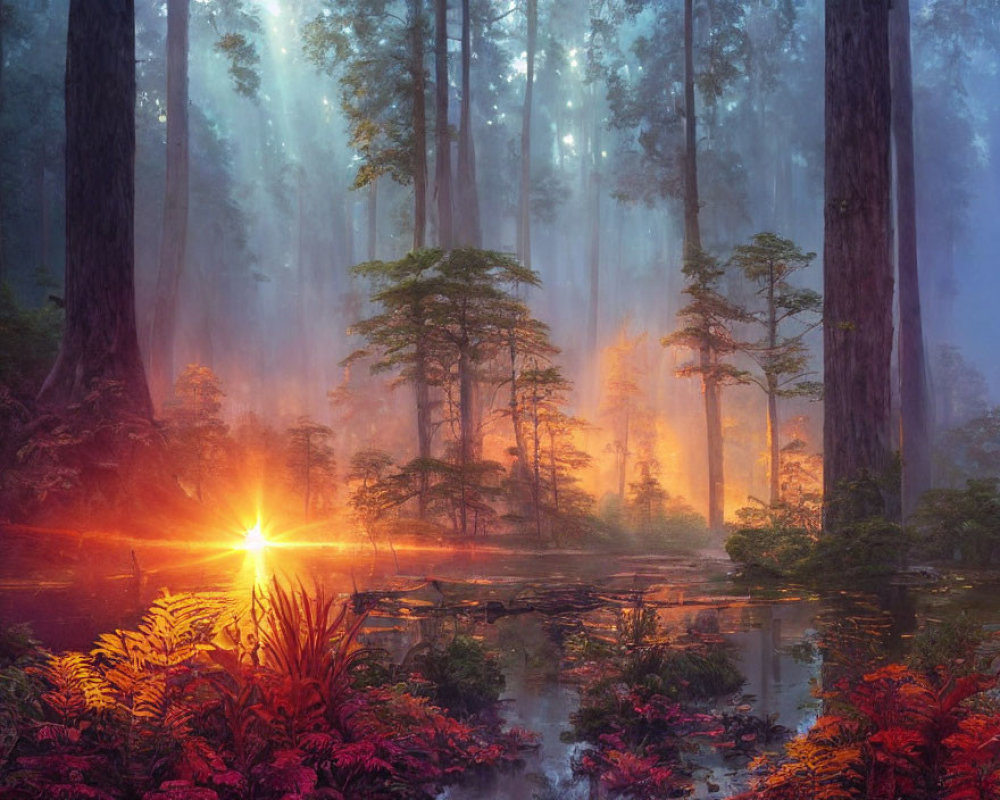 Tranquil forest sunrise or sunset with mist, trees, and water