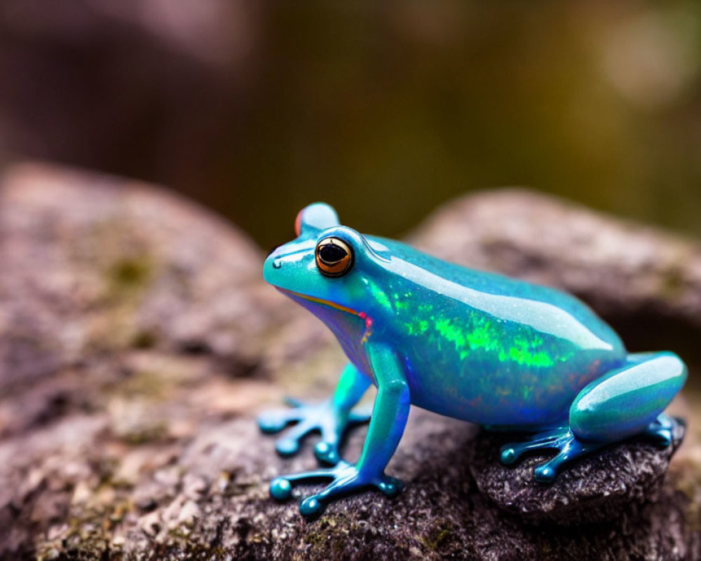 Colorful Toy Frog on Textured Rock with Blurred Background