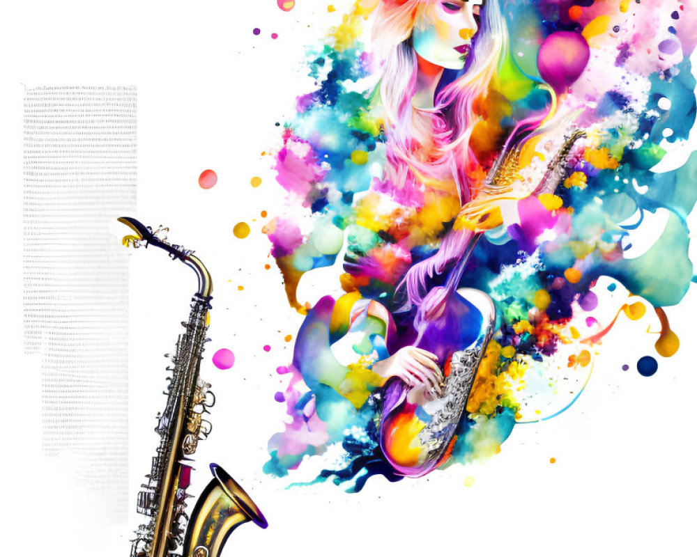 Colorful Hair Woman Playing Abstract Saxophone in Vibrant Artwork