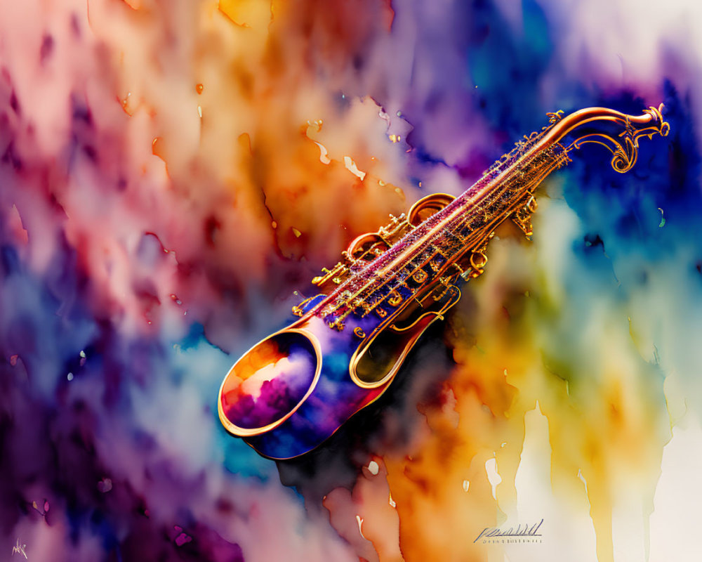 Colorful Saxophone Artwork on Glossy Background with Dreamy Musical Aura