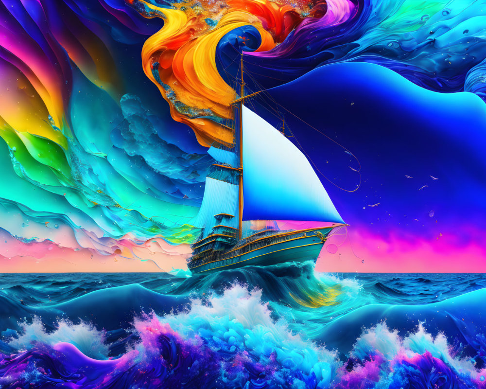 Colorful surreal seascape with classic ship sailing on swirling waves under psychedelic sky