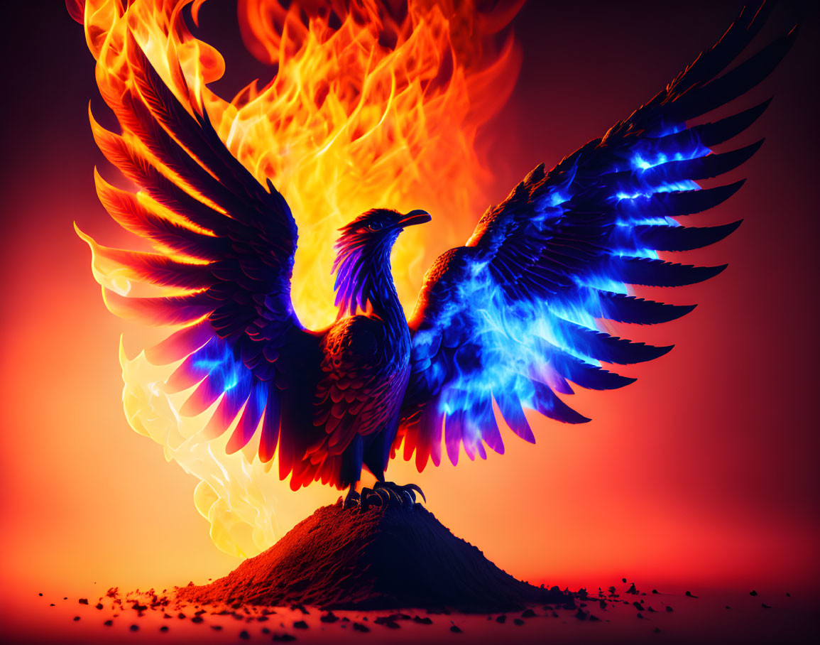 Majestic phoenix with fiery and icy wings against vibrant background