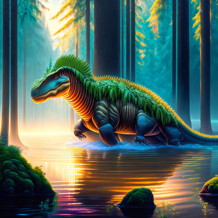 Colorful digital art of a green dinosaur in a mystical forest