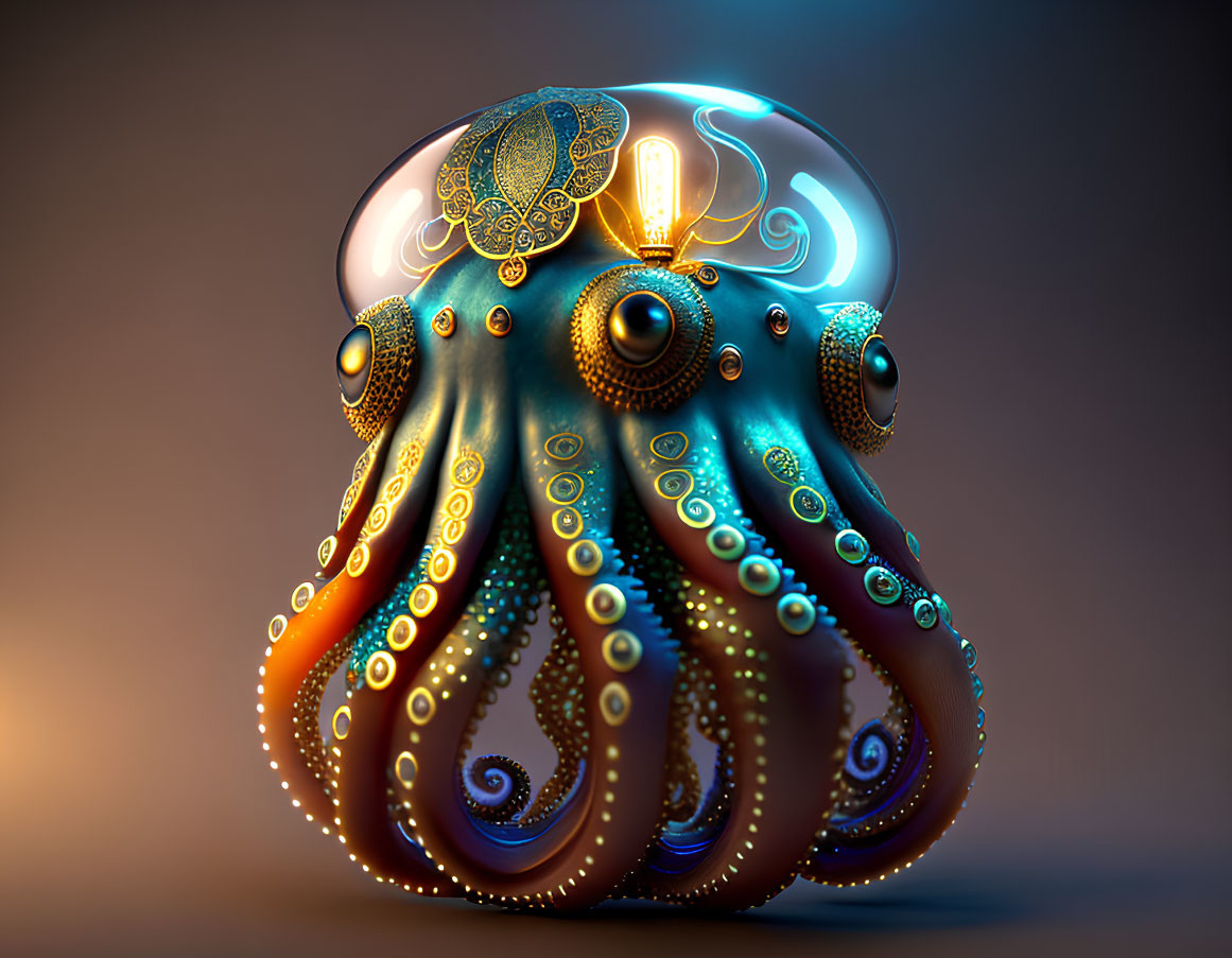 Ornate glowing octopus with intricate patterns on warm background