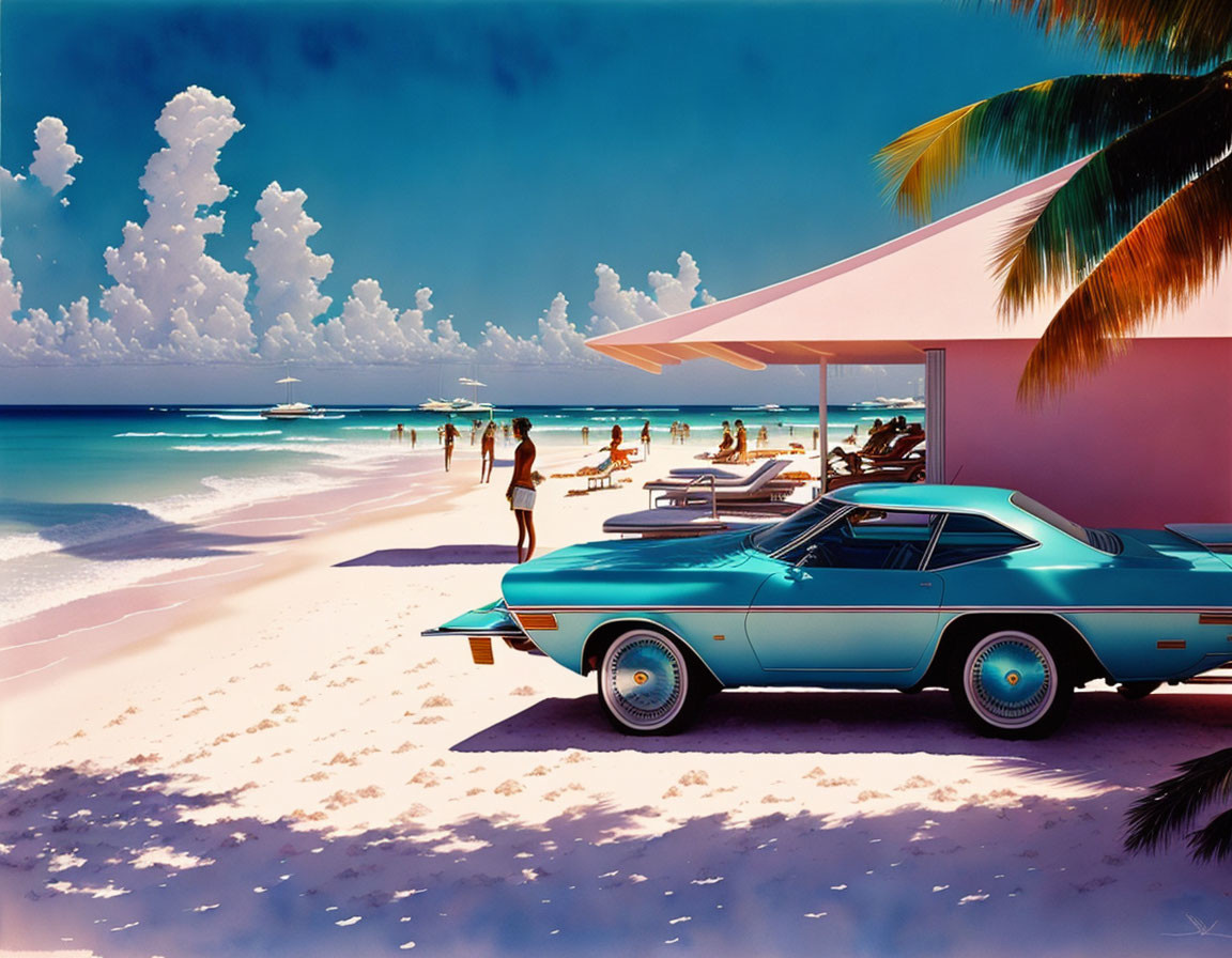Vintage Blue Car Parked by Vibrant Beach with People and Palm Trees