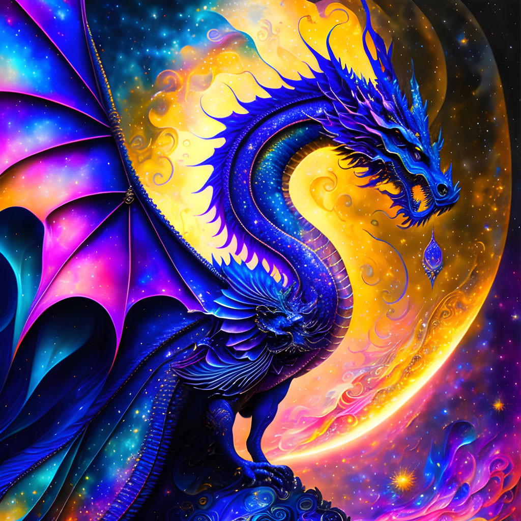 Colorful cosmic backdrop with vibrant blue dragon and expansive wings