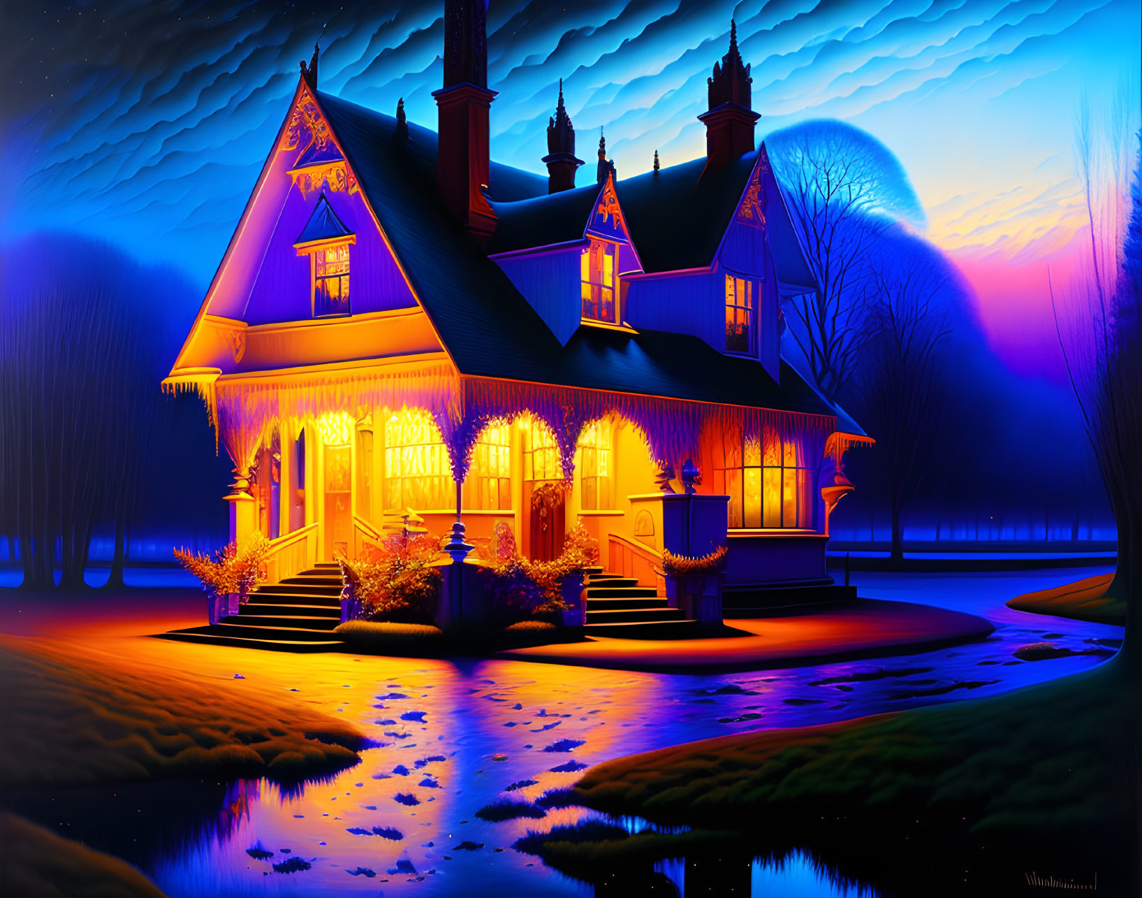 Vibrantly lit house at twilight with warm glow against cool night sky