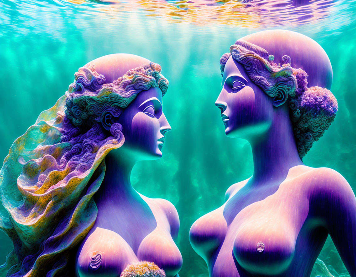 Stylized female figures with ocean-themed hair in turquoise underwater setting