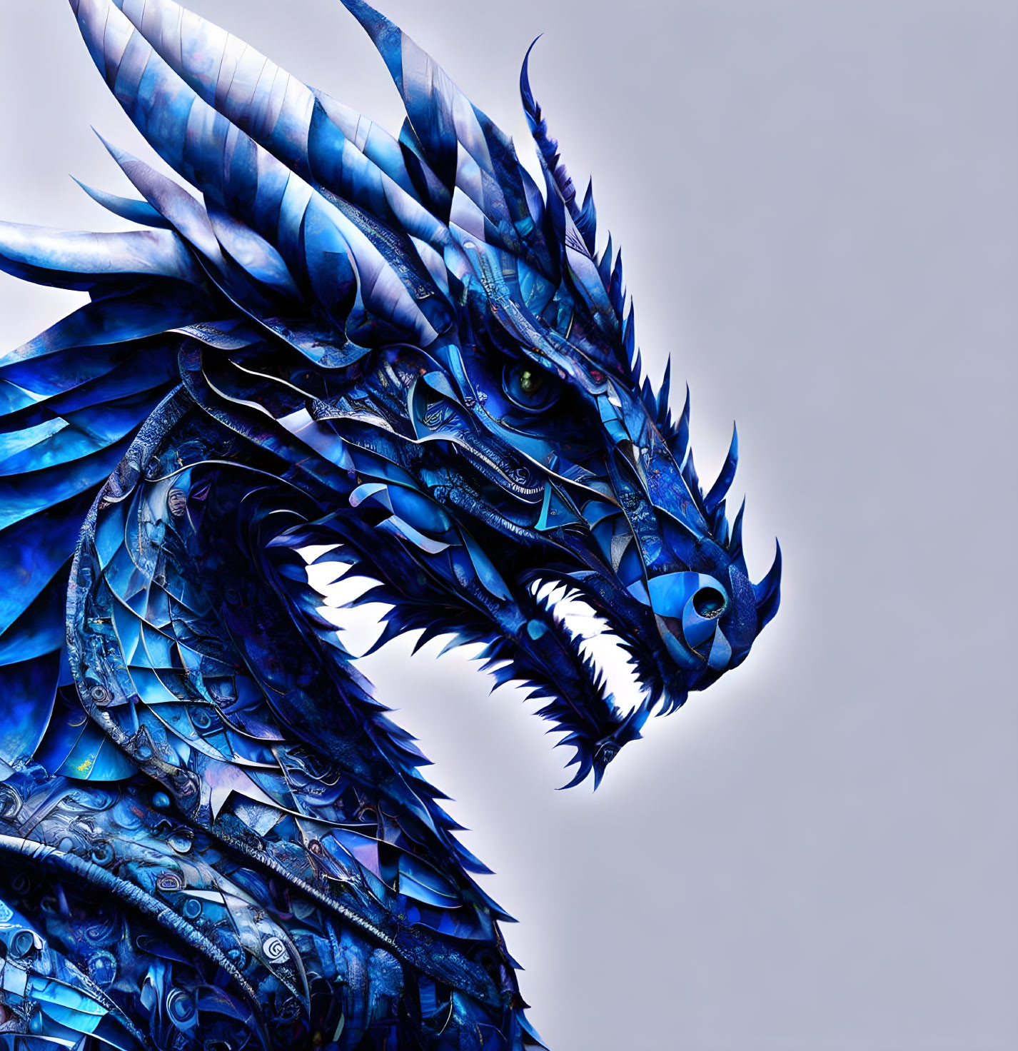 Blue Mechanical Dragon Head with Metallic Scales and Menacing Teeth