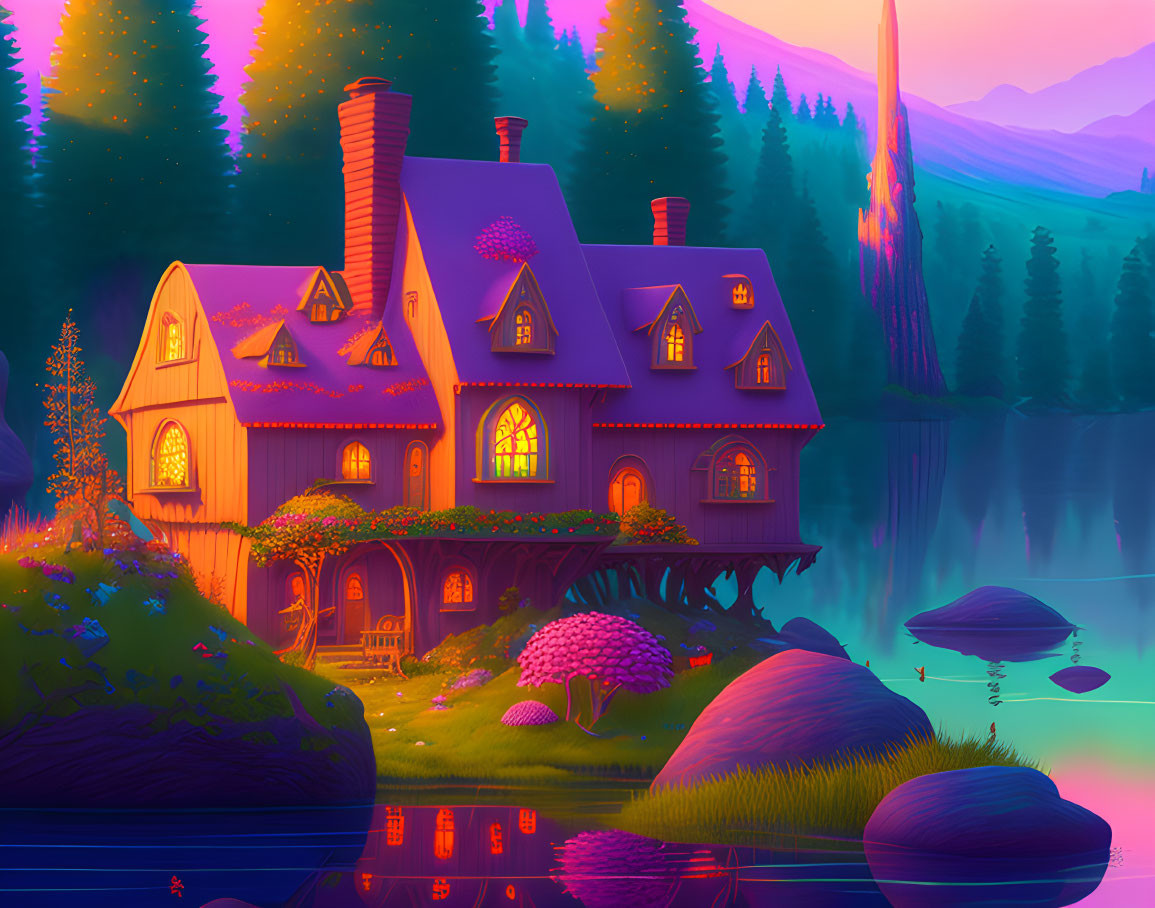 Colorful Cottage by Serene Lake with Magical Mountains at Dusk