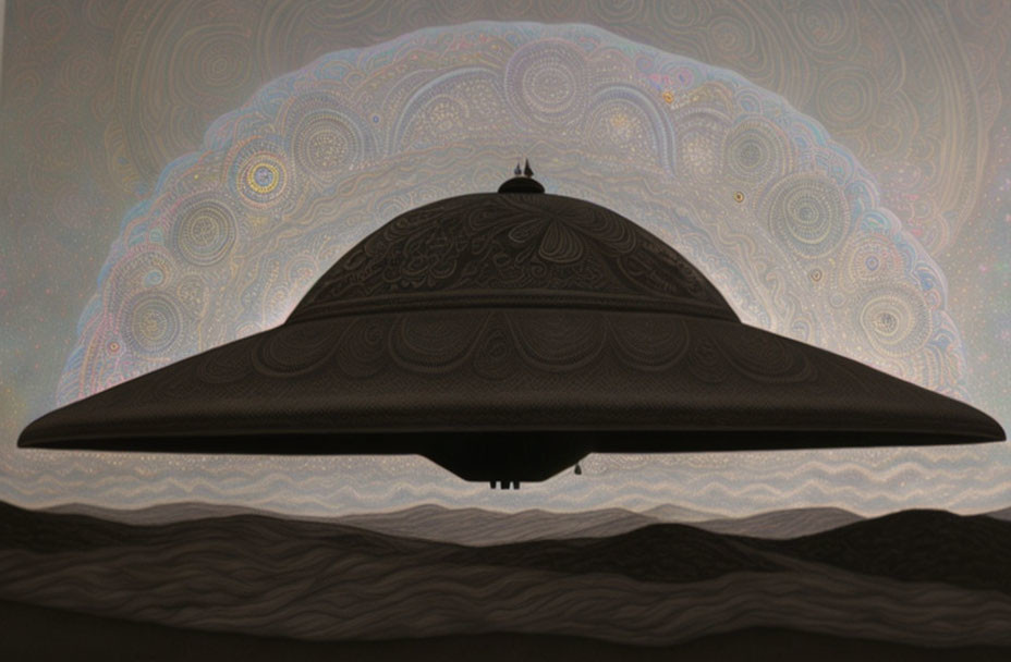 Intricately patterned UFO over undulating terrain beneath starry sky