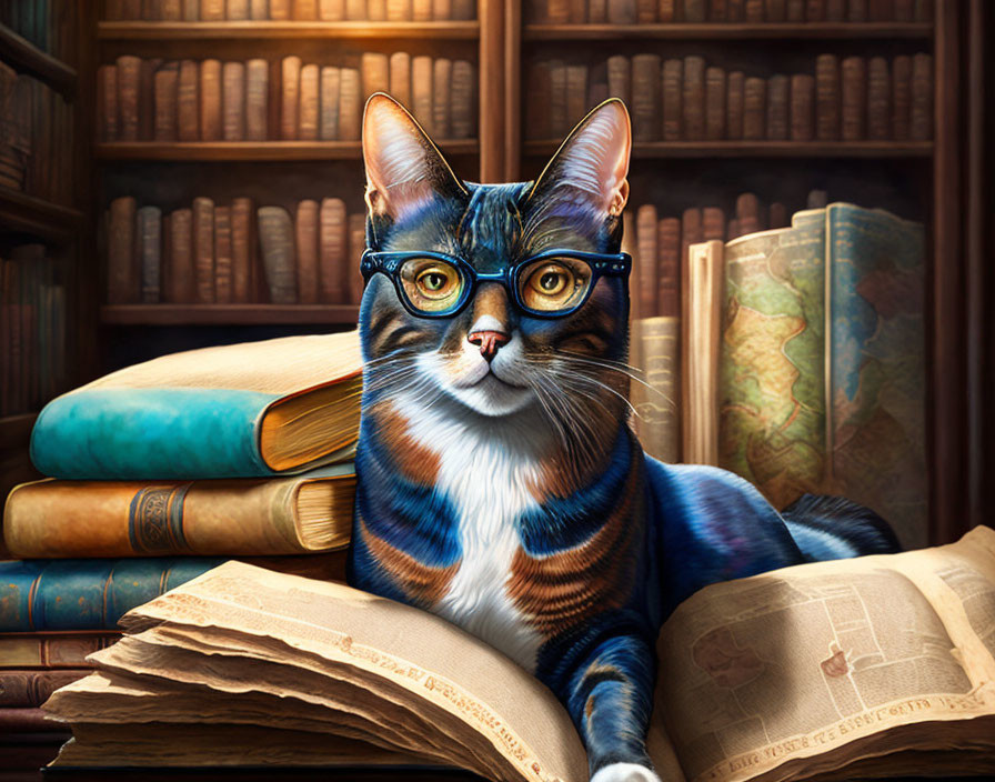Colorful Cat on Open Book Surrounded by Old Books