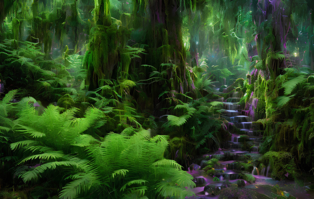 Lush forest with moss-covered trees, waterfall, ferns, and ethereal light