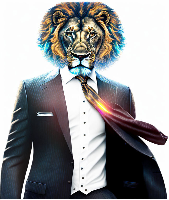 Surreal lion-headed figure in suit with tie transformed by colorful light