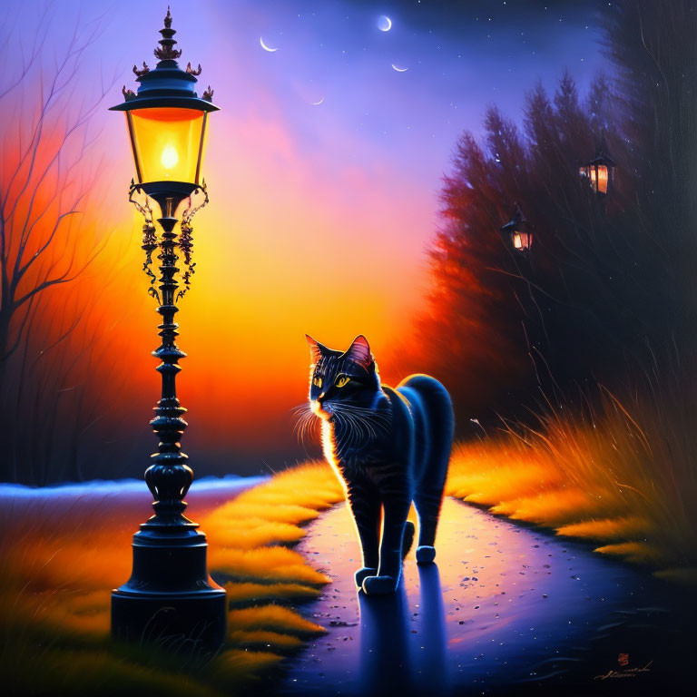 Cat walking under lit street lamp at twilight with vibrant sunset and crescent moons in sky