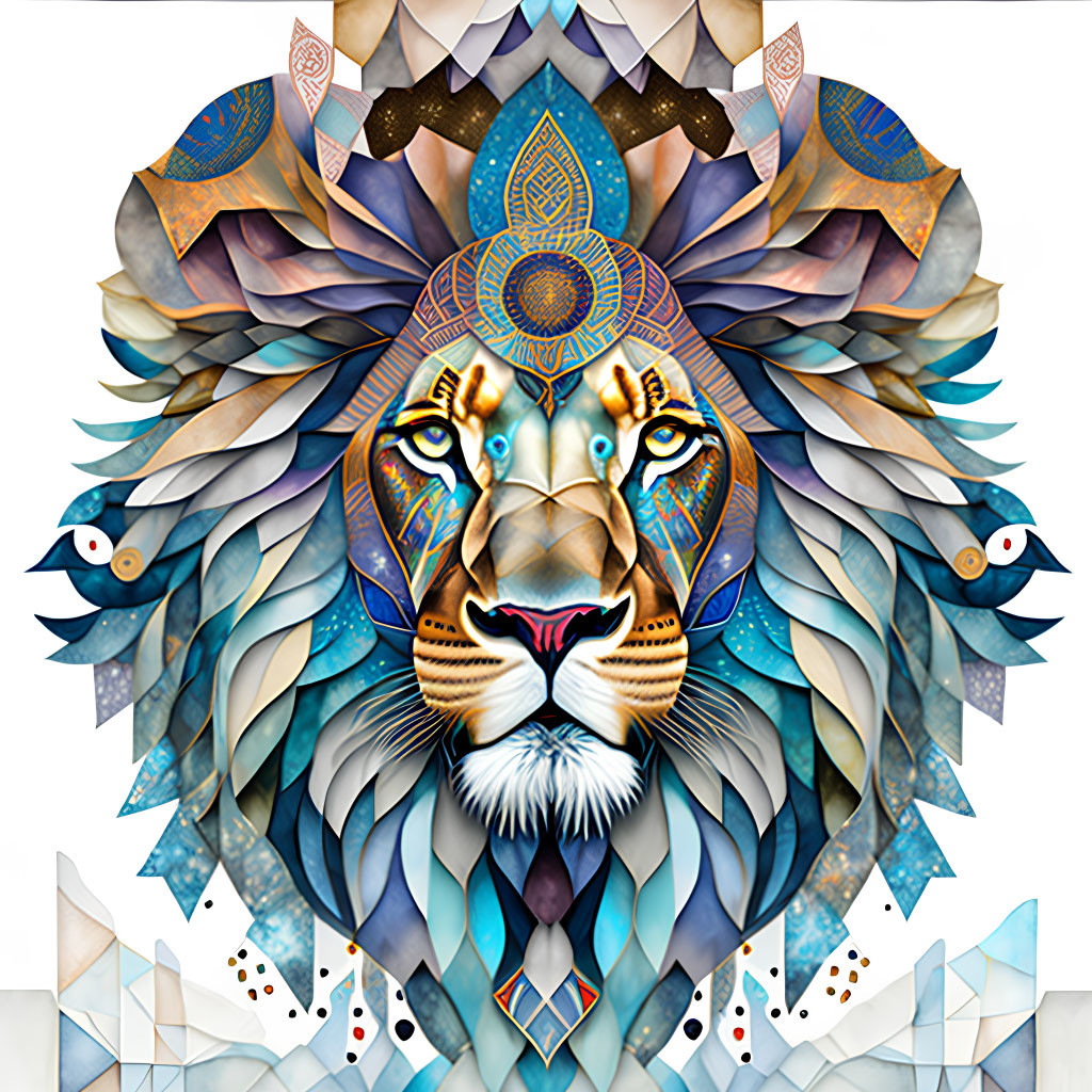 Colorful Lion Head Illustration with Mandala Pattern & Geometric Background