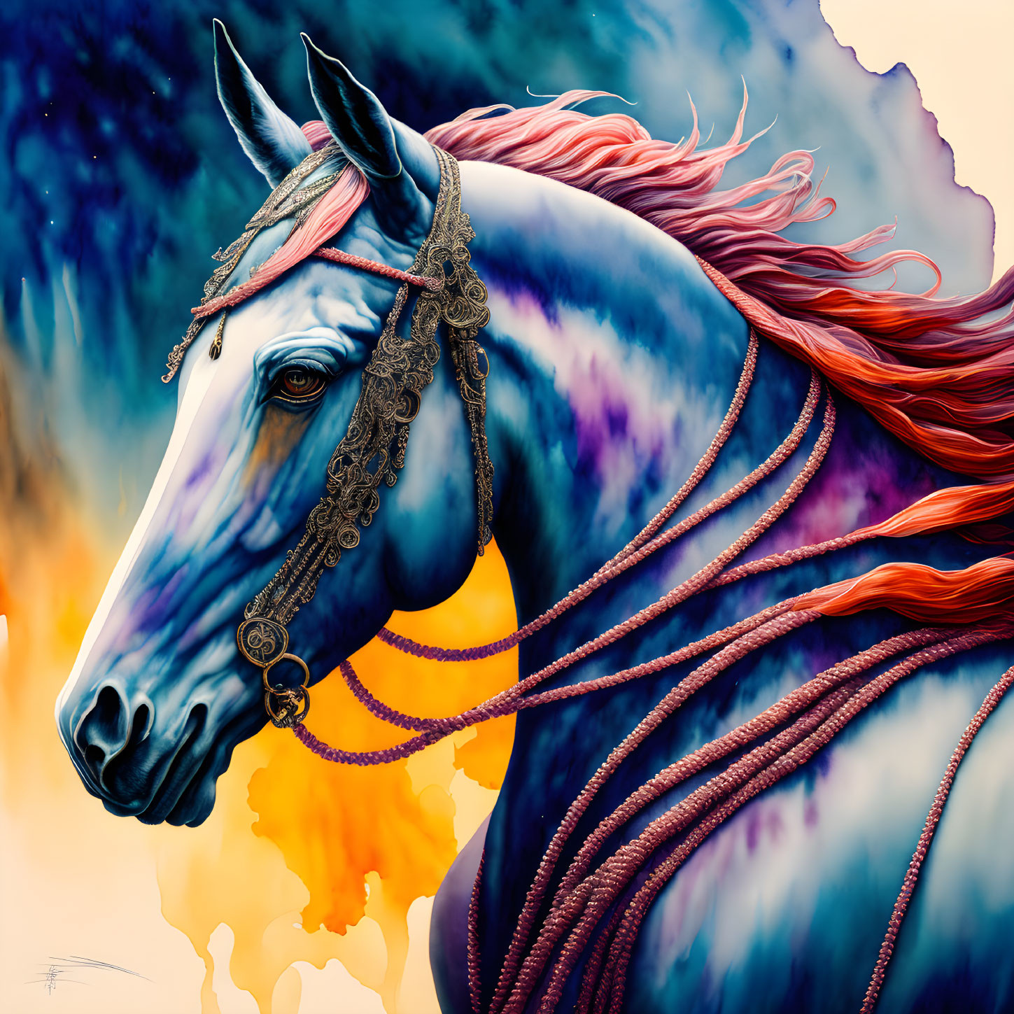Colorful Horse Artwork: Blue and Purple Horse with Gold Jewelry on Abstract Background