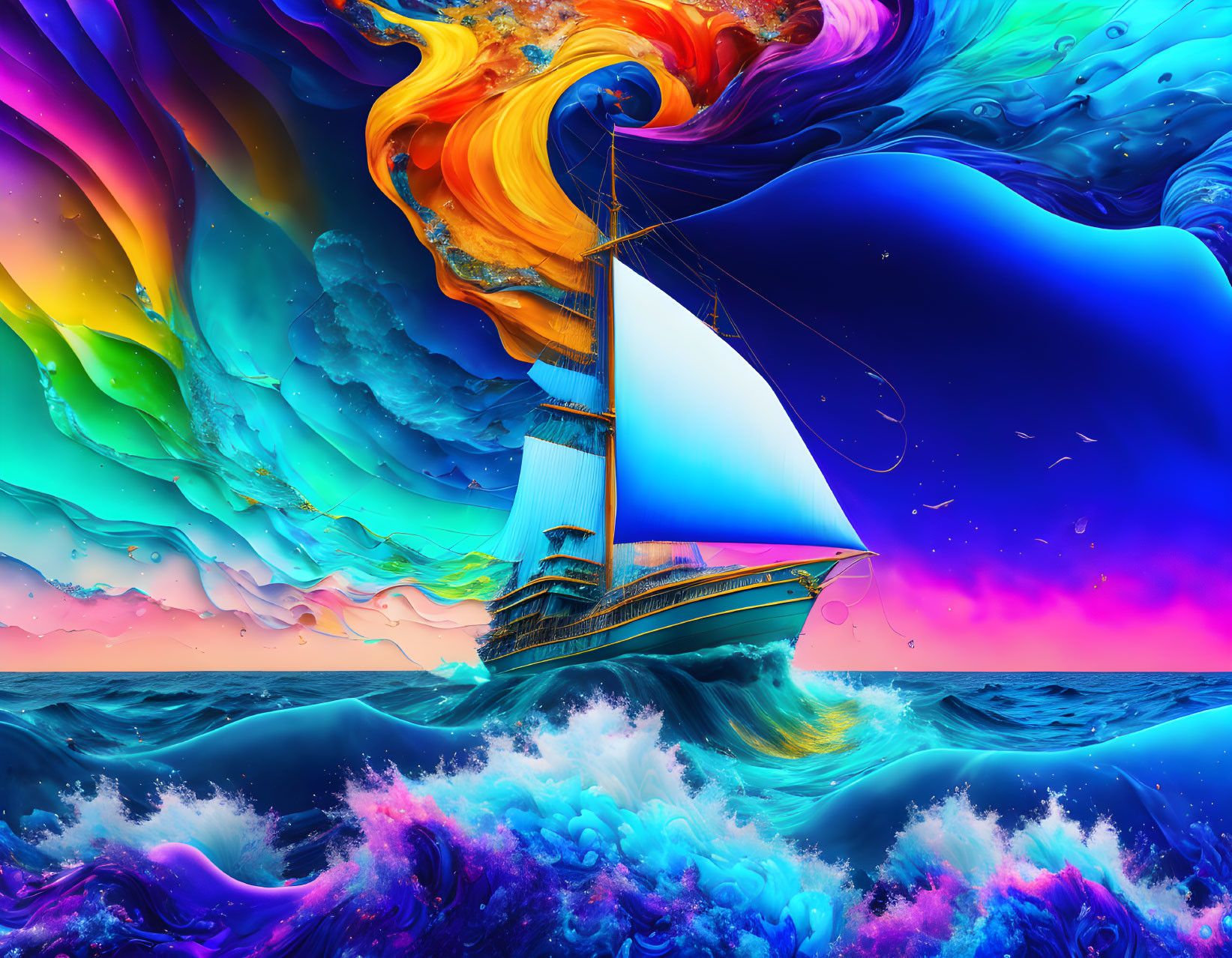 Colorful surreal seascape with classic ship sailing on swirling waves under psychedelic sky