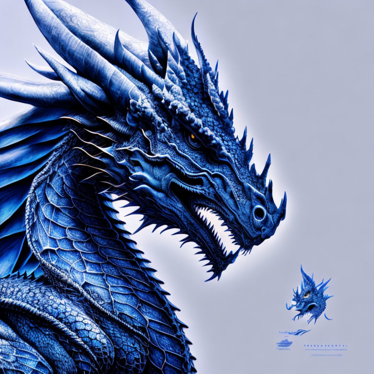 Detailed digital illustration of two blue dragons, one fierce and detailed, the other smaller.
