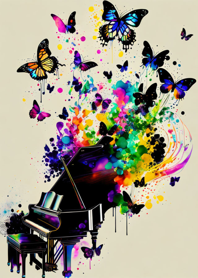 Colorful Grand Piano Artwork with Butterflies and Splashes
